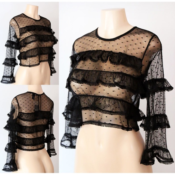 Forever 21 Tops - Last ☝️ Sheer Mesh Polka Dot Ruffle Crop Lace Top